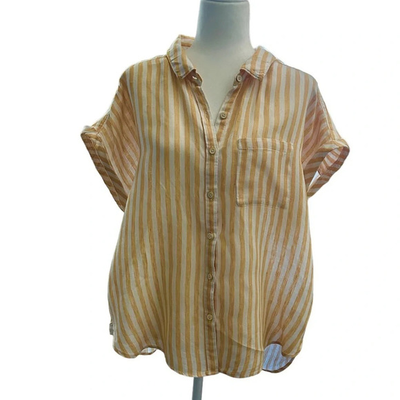 Faherty Avery Yellow Striped 100% Linen Short Sleeve Button Down Shirt Size XL - Picture 2 of 8